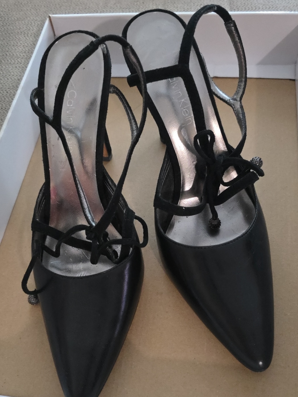 Calvin Klein Black Pointed Toe Slingback Heels with Lace Detail